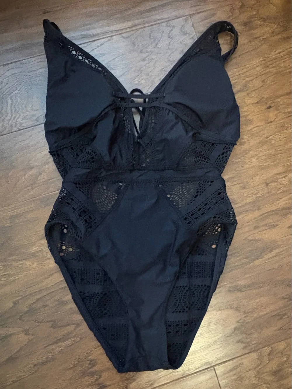 BECCA Black Color Play Plunge Crochet One-Piece Swimsuit - Picture 6 of 8